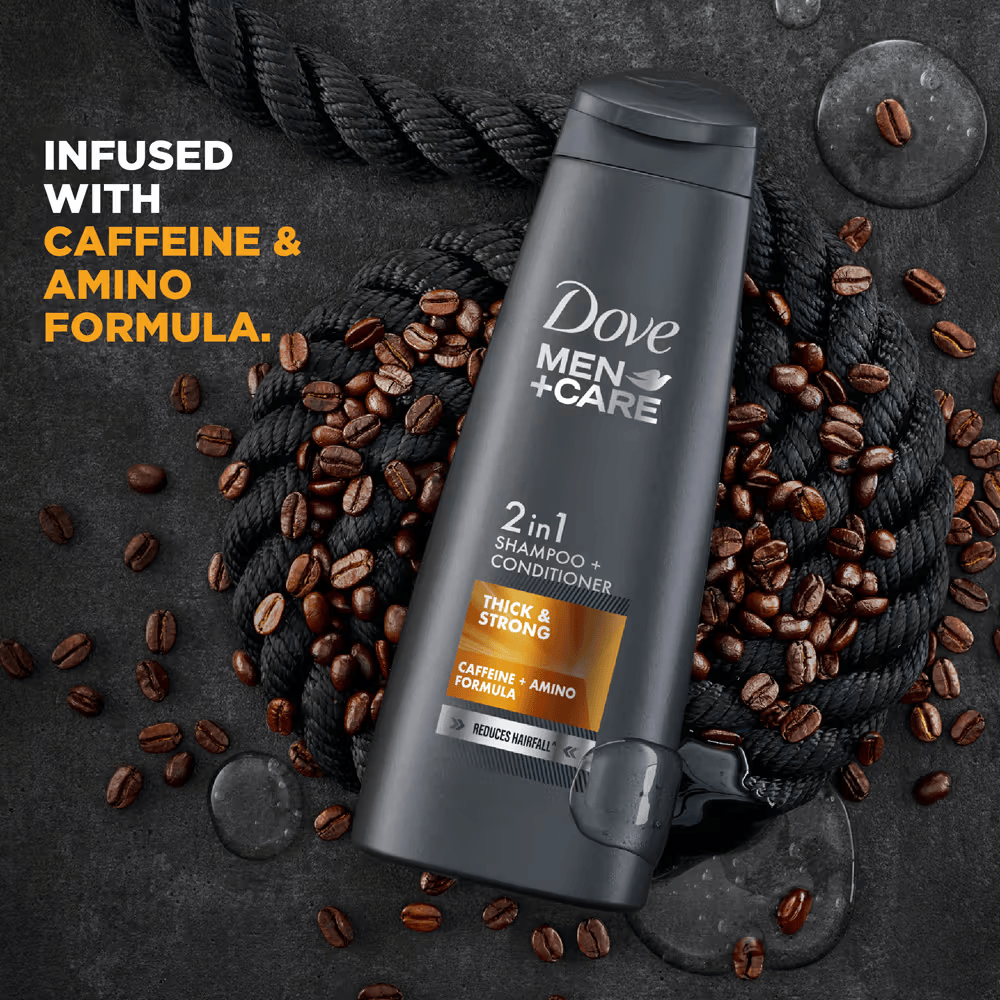 Dove Men+Care Thick & Strong 2-in-1 Shampoo + Conditioner. Cosmetic Cove