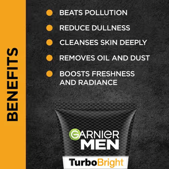 Garnier Men Turbo Bright Double Action Face Wash, Deep Cleansing Anti Pollution Face Wash Cosmetic Cove