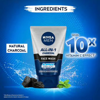 NIVEA MEN Face Wash, All in 1 Charcoal, to Detoxify & Refresh Skin with 10x Vitamin C Effect Cosmetic Cove